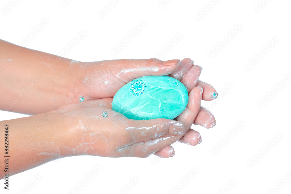 Close up of washing hands with soap with blue corona virus isolated on white background. Coronavirus prevention hand hygiene. Corona Virus pandemic protection by cleaning hands frequently.