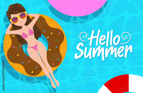 Hello summer vector concept design. Hello summer  text with sexy female character wearing bikini outfit floating in water with donuts floater elements in swimming pool background design.