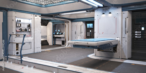 Sci fi futuristic interior of a medical bay with treatment bed and various healthcare equipment and medicines  . 3d rendering 