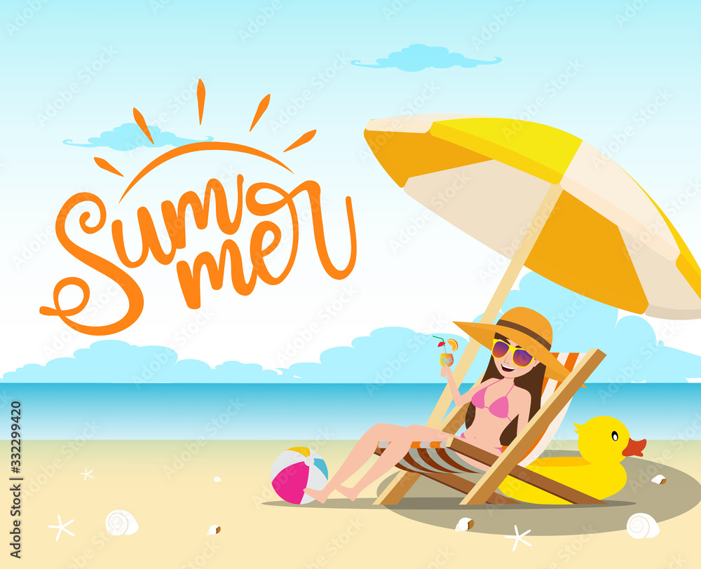 Summer vector concept design. Summer text with sexy female character relaxing and drinking fresh juice in chair with umbrella, beach ball and duck floater elements in beach seaside background.
