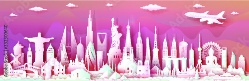 Travel landmarks world with modern important architectural monuments of world,Tourism with panoramic landscape paper art style, Use for travel poster and postcard, Vector illustration paper cut.