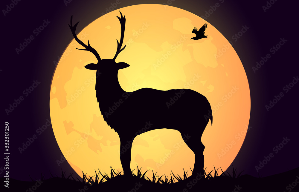 Silhouette of a deer against the backdrop of a large moon.