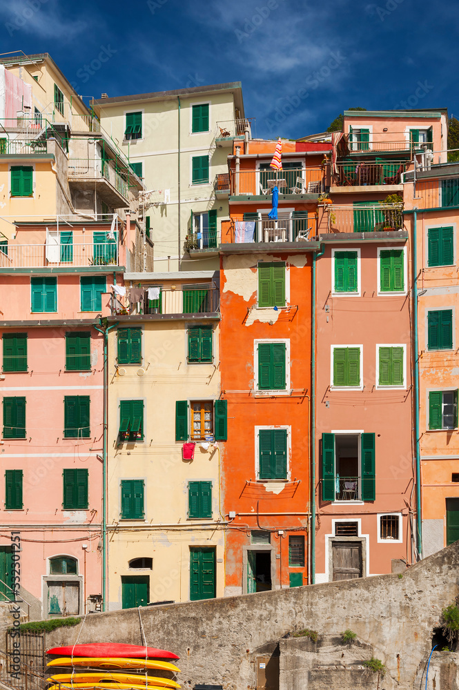 Colorful residential buildings in Riomaggiore, Cinque Terre, Liguria, Italy, Europe.
