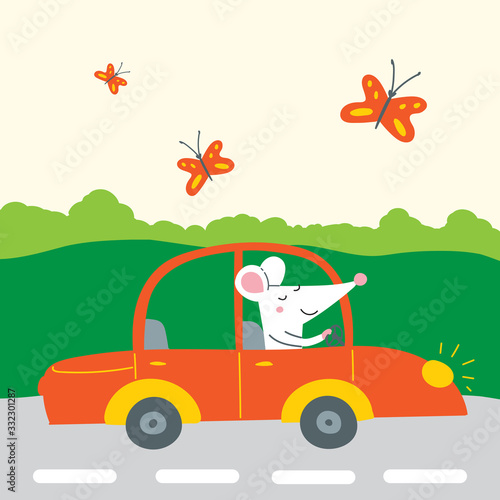 Vector illustration of cute rat traveling by car for summer vacation
