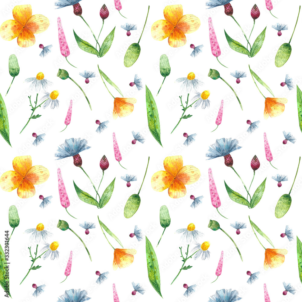Fototapeta premium Wild flowers pattern. Floral background with watercolor poppies, daisies, cornflowers, green leaves.