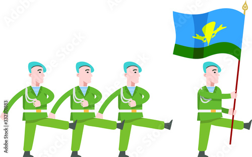 Paratroopers in uniform marching at the parade. At the head of the commander marching with a flag in his hands. Flat infographics.