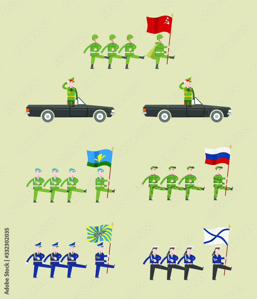 Fototapeta premium Soldiers, pilots, sailors, paratroopers in uniform marching at the parade. At the head of the commander marching with a flag in his hands. The commander is driving, salutes. Flat infographics.