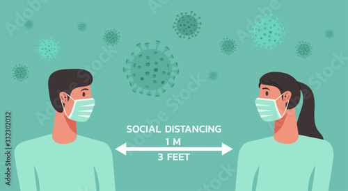 character of woman and man wearing surgical face mask maintain social distancing to prevent virus spreading, flu prevention, coronavirus, social isolation and self quarantine, new normal concept