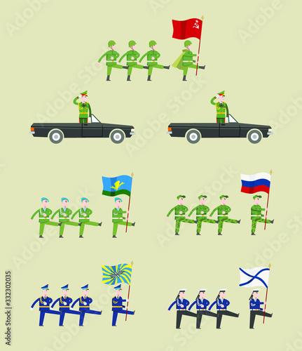 Soldiers, pilots, sailors, paratroopers in uniform marching at the parade. At the head of the commander marching with a flag in his hands. The commander is driving, salutes. Flat infographics.