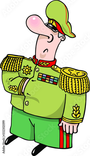 A brave general in a military uniform and military cap with medals on his chest. Vector illustration in cartoon style.