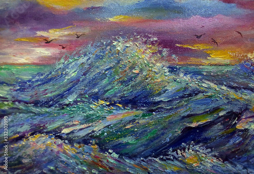 Art Oil painting color Boat Sky wave sea , backgrounds for design , Modern art