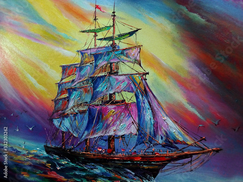 Art painting oil color sailboat , barque in sea background from thailand
