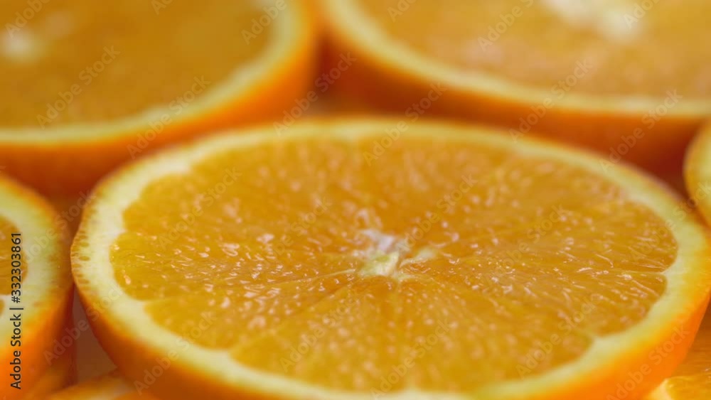 Marco shot of orange fruit and rotate.Close up flesh of orange.
