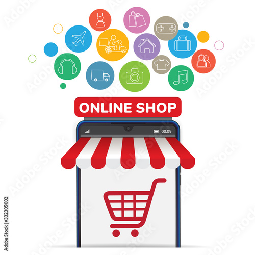 Mobile application for shopping, Online supermaket, Smartphone with shopping app.
