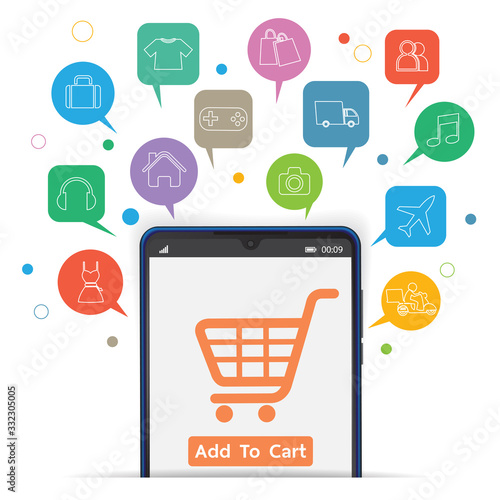 Mobile application for shopping, Online supermaket, Smartphone with shopping app.
