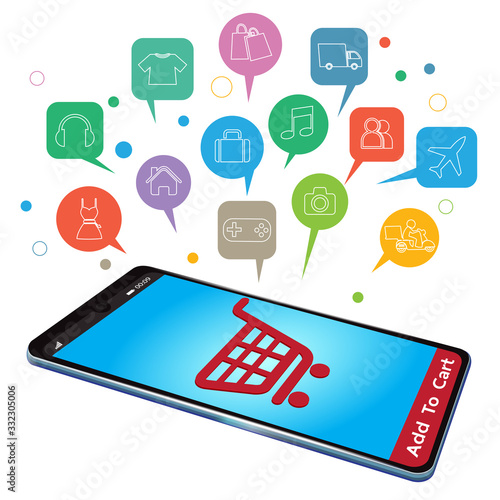 Mobile application for shopping, Online supermaket, Smartphone with shopping app.