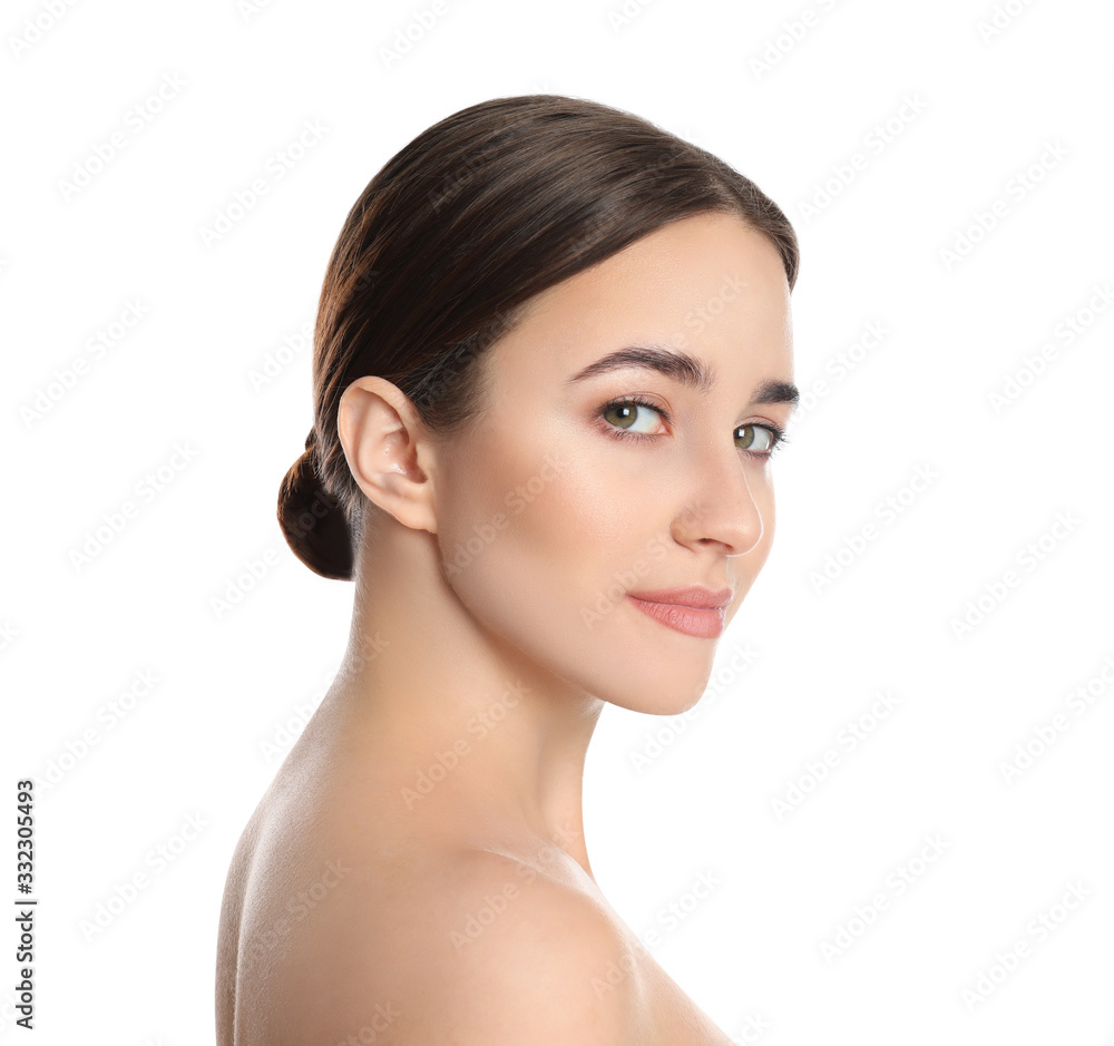 Portrait of young woman with beautiful face on white background Portrait of young woman with beautiful face on white background