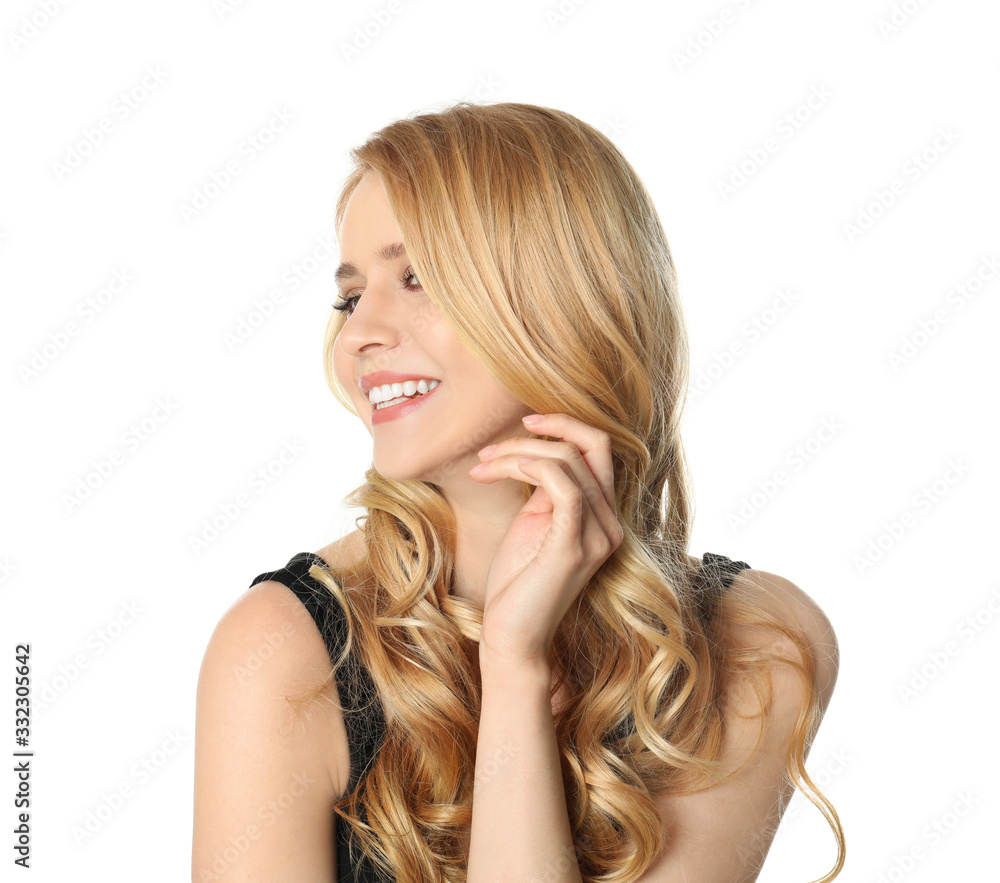 Portrait of beautiful young woman with dyed long hair on white background Portrait of beautiful young woman with dyed long hair on white background
