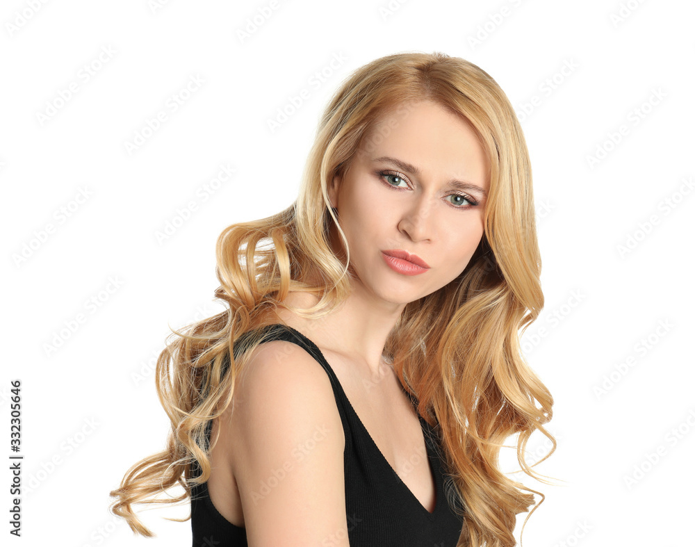 Portrait of beautiful young woman with dyed long hair on white background Portrait of beautiful young woman with dyed long hair on white background
