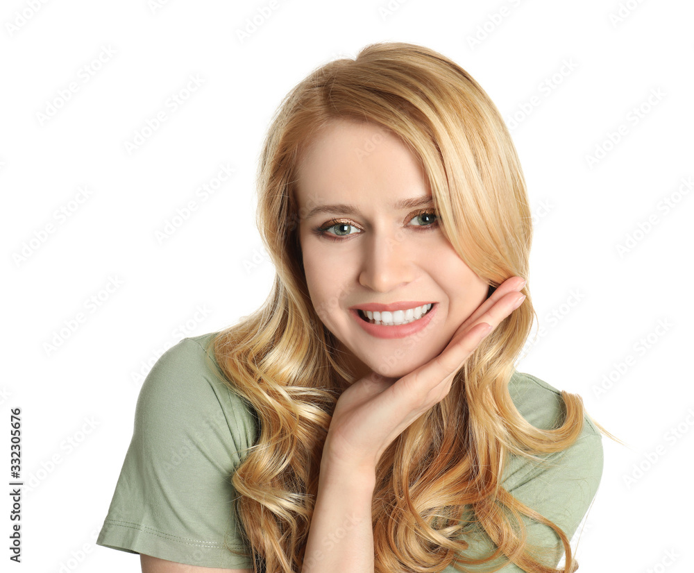 Portrait of beautiful young woman with dyed long hair on white background Portrait of beautiful young woman with dyed long hair on white background