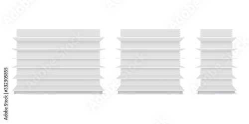 Blank empty showcase display with retail shelves. Front view. Vector mock up.