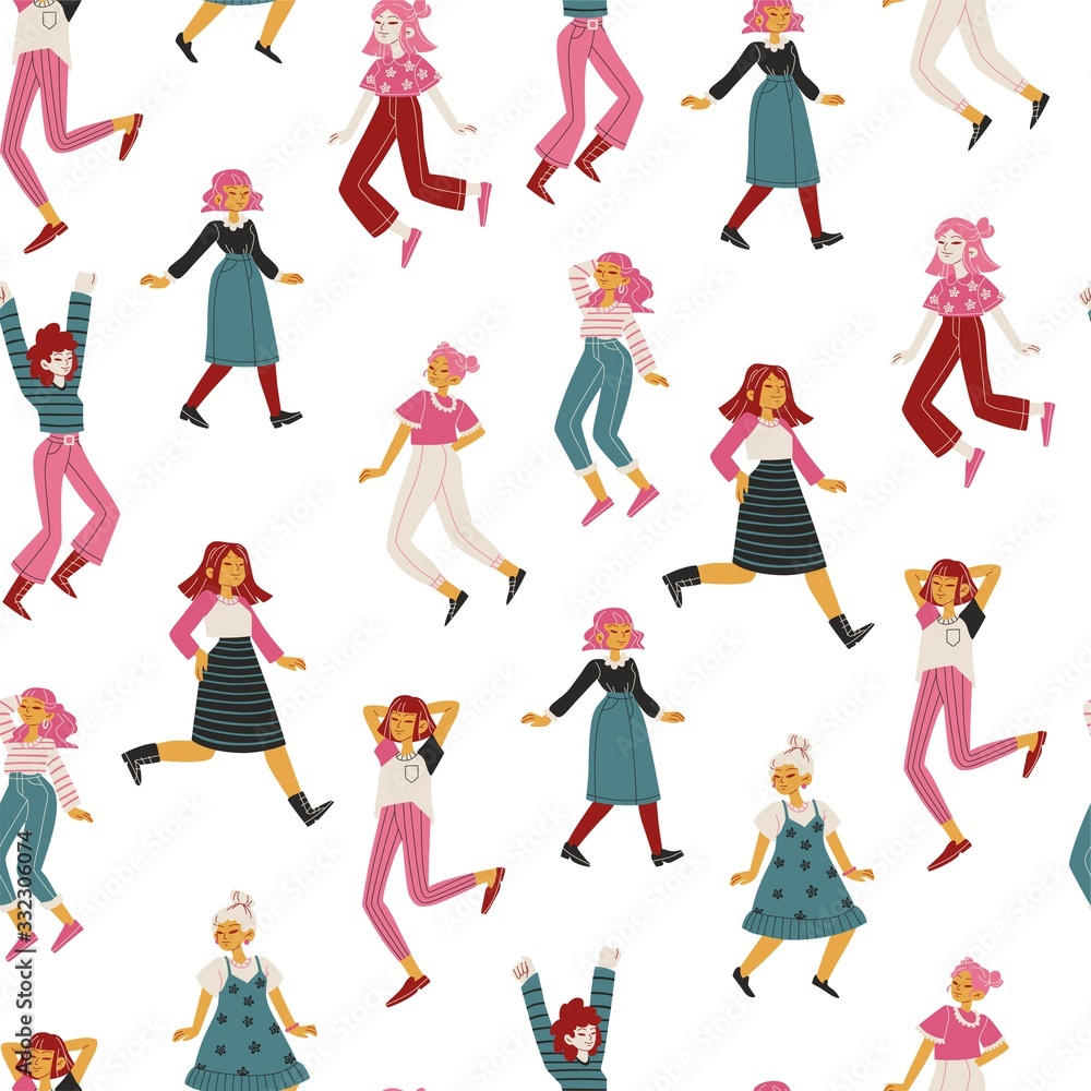 Vector seamless pattern with young women in flat style on the white background. Vector seamless pattern with young women in flat style on the white background.