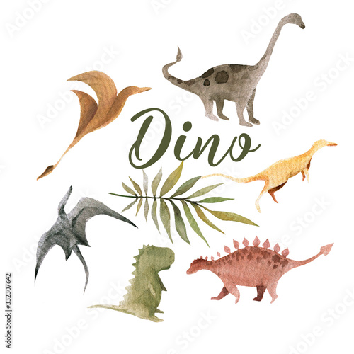 Hand drawing watercolor   hildren s set of cute dino and tropical leaves of palm. Funny dinosaur perfect for posters  children s fabric  prints.  illustration isolated on white