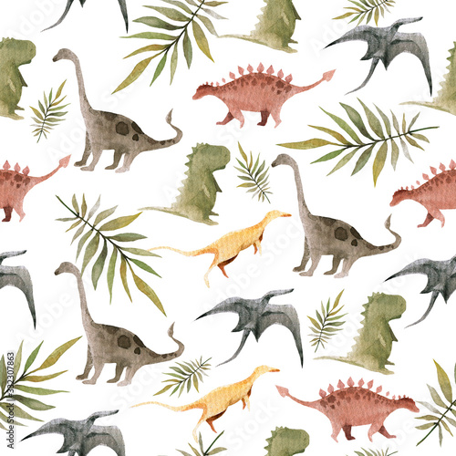 Hand drawing watercolor сhildren's pattern of cute dino and tropical leaves of palm. Funny dinosaur perfect for posters, children's fabric, prints.  illustration isolated on white