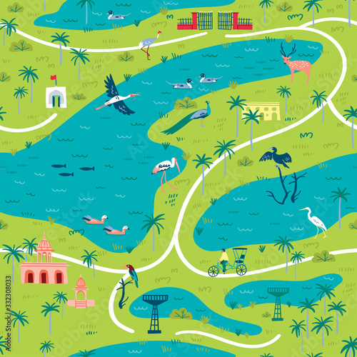 Seamless pattern of Bharatpur Bird Sanctuary map