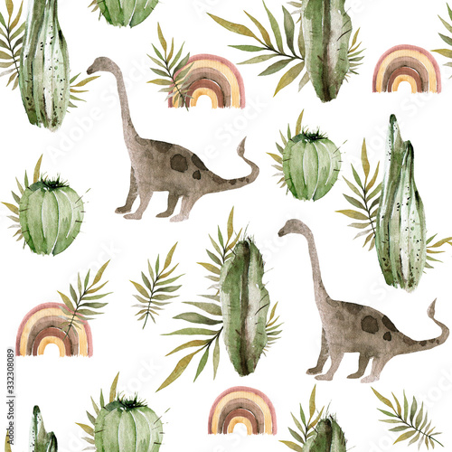 Hand drawing watercolor   hildren s pattern of cute dino  tropical leaves  cactus and rainbow. Funny dinosaur perfect for posters  children s fabric  prints.  illustration isolated on white