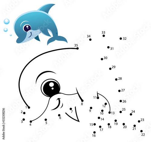Education Numbers game. Dot to dot game. Dolphine cartoon
