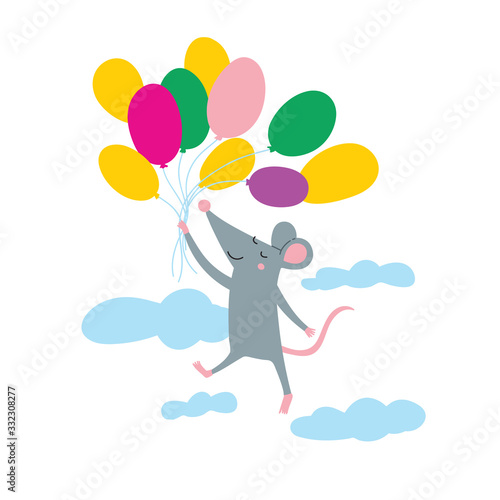 Illustration of rat flying with colorful air balloon
