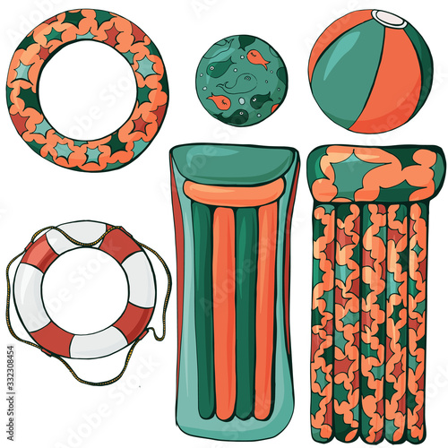 Color beach set with lifebuoy, balls, rubber ring and inflatable mattresses