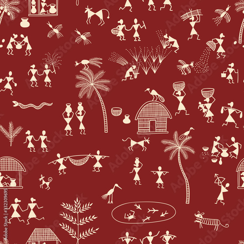 Warli painting, traditional Indian tribal art. photo