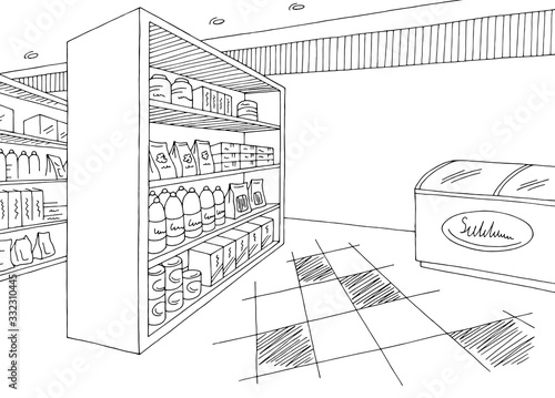 Grocery store shop interior black white graphic sketch illustration vector
