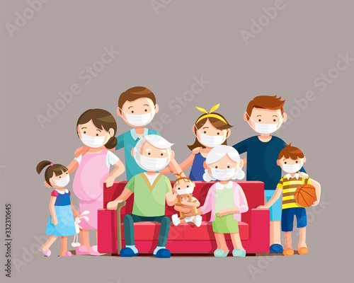 Coronavirus disease protection, Big family wear face masks for preventing COVID-19. Vector illustration in a flat style.