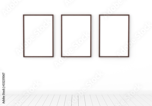 Mockup Three empty photo frame for mockup in empty white room.