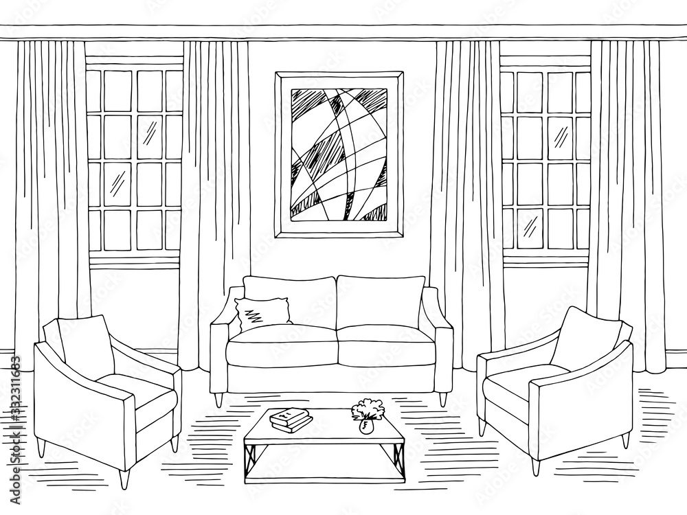 Fototapeta premium Living room graphic black white home interior sketch illustration vector