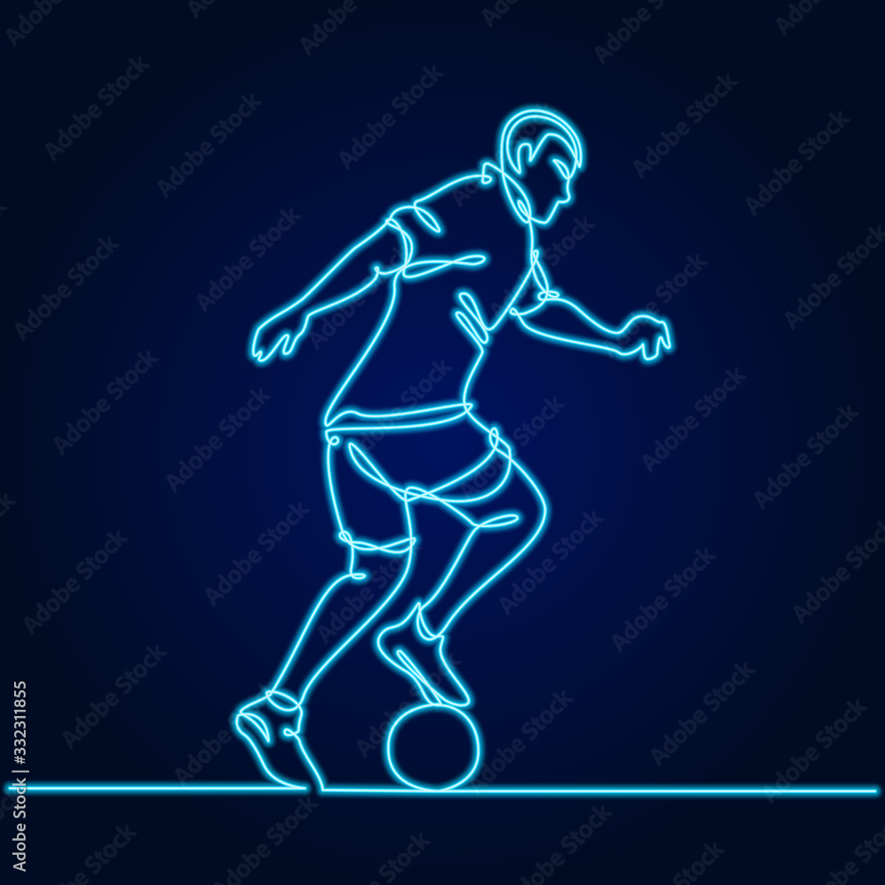 Line art neon light soccer players, sports people. Lettering continuous one line football. Vector illustration on black