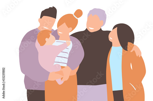 Parents young holding newborn baby and elderly hugging together and smiling graphic design.
