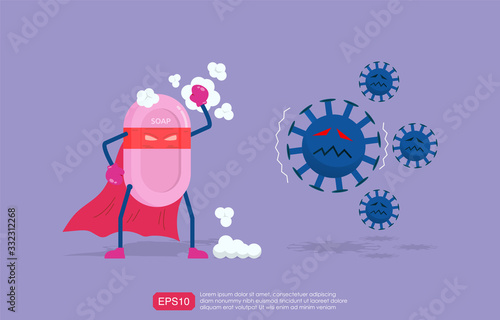Cartoon illustration of hand soap super hero with mask and cloak. hygienic concept against pathogen virus and bacteria. vector illustration