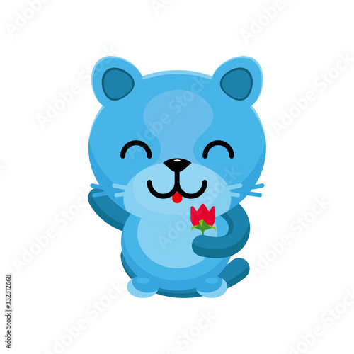 Cute cat gives a scarlet flower. Cartoon character. Flat style. Vector illustration.