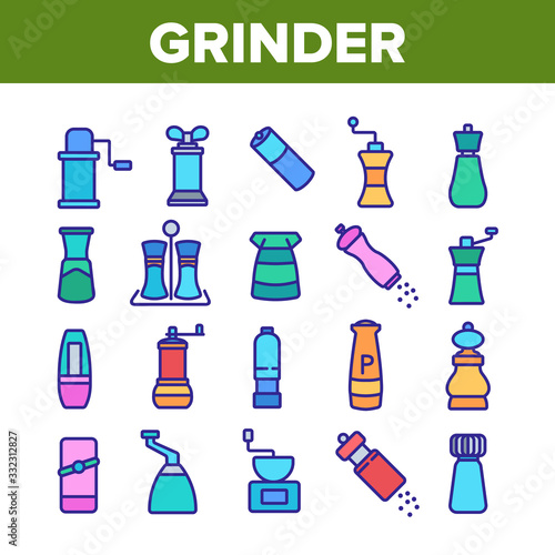 Grinder Pepper Salt Collection Icons Set Vector. Coffee Grinder Tool  Kitchen Utensil Or Restaurant Equipment For Spice  Flavor Kitchenware Concept Linear Pictograms. Color Illustrations