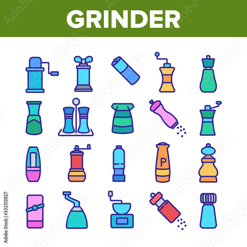 Grinder Pepper Salt Collection Icons Set Vector. Coffee Grinder Tool, Kitchen Utensil Or Restaurant Equipment For Spice, Flavor Kitchenware Concept Linear Pictograms. Color Illustrations