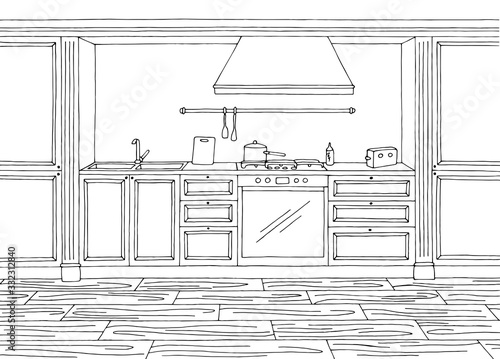 Kitchen room graphic black white home interior sketch illustration vector