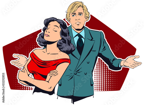 Upset woman offended on boyfriend. Unhappy man spreads his hands.