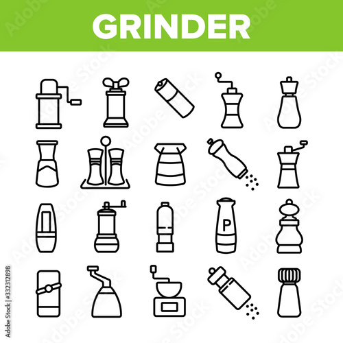 Grinder Pepper Salt Collection Icons Set Vector. Coffee Grinder Tool, Kitchen Utensil Or Restaurant Equipment For Spice, Flavor Kitchenware Concept Linear Pictograms. Monochrome Contour Illustrations