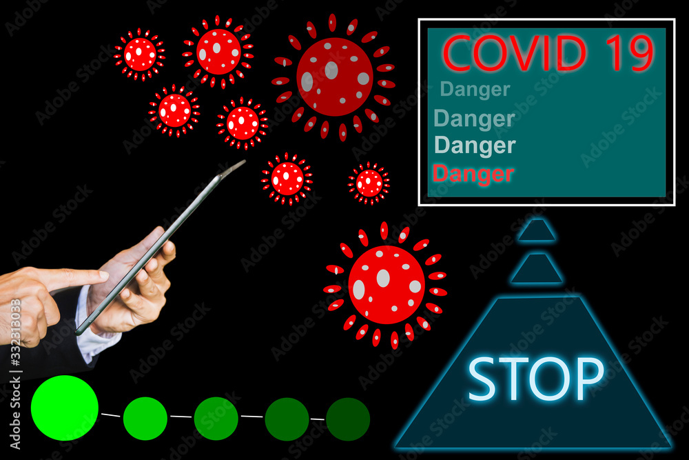 Man inspection or man business engineer hold tablet with covid 19 ai for stop covid 19 virus covid-19 or corona protected Help protect For world and people stop virus warning to application Man inspection or man business engineer hold tablet with covid 19 ai for stop covid 19 virus covid-19 or corona protected Help protect For world and people stop virus warning to application