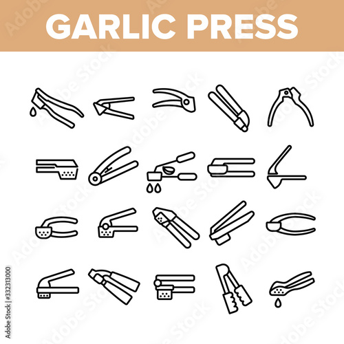Garlic Press Utensil Collection Icons Set Vector. Garlic Press Kitchenware Equipment, Stainless Kitchen Tool, Metallic Ware For Cooking Concept Linear Pictograms. Monochrome Contour Illustrations