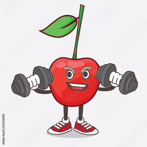 Bing Cherry cartoon mascot character on fitness exercise trying barbells